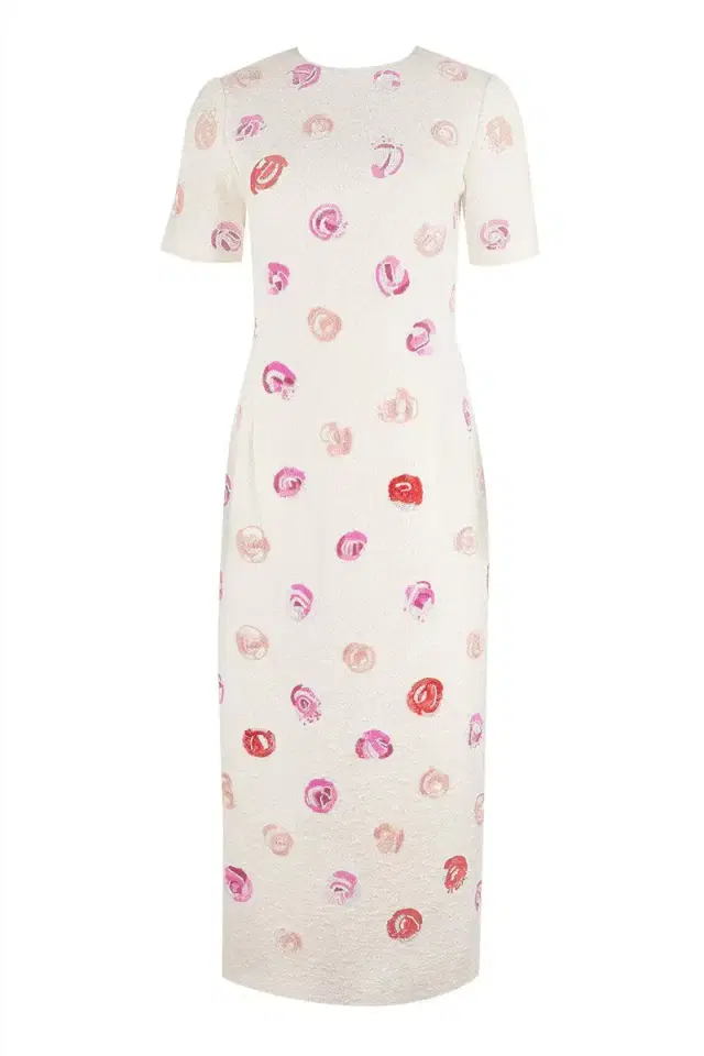 Oscar de la Renta Short Sleeve Rose Embroidered Dress