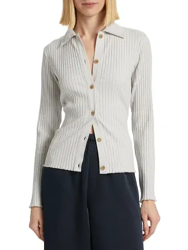 Vince Women's Cotton-Blend Rib-Knit Polo Shirt - Salt Glass | Thumbnail 3