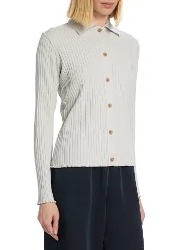 Vince Women's Cotton-Blend Rib-Knit Polo Shirt - Salt Glass | Thumbnail 4