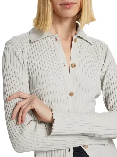 Vince Women's Cotton-Blend Rib-Knit Polo Shirt - Salt Glass | Thumbnail 6