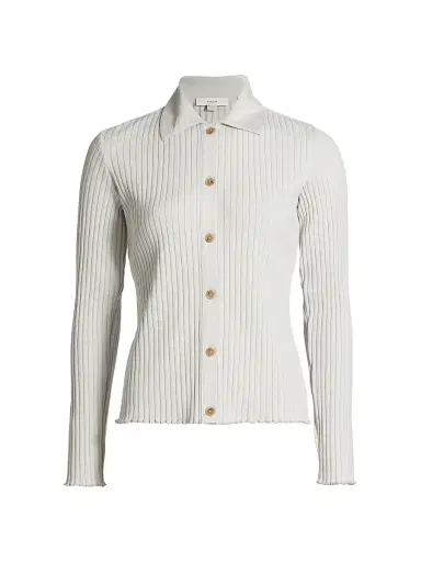 Vince Women's Cotton-Blend Rib-Knit Polo Shirt - Salt Glass | Thumbnail 1
