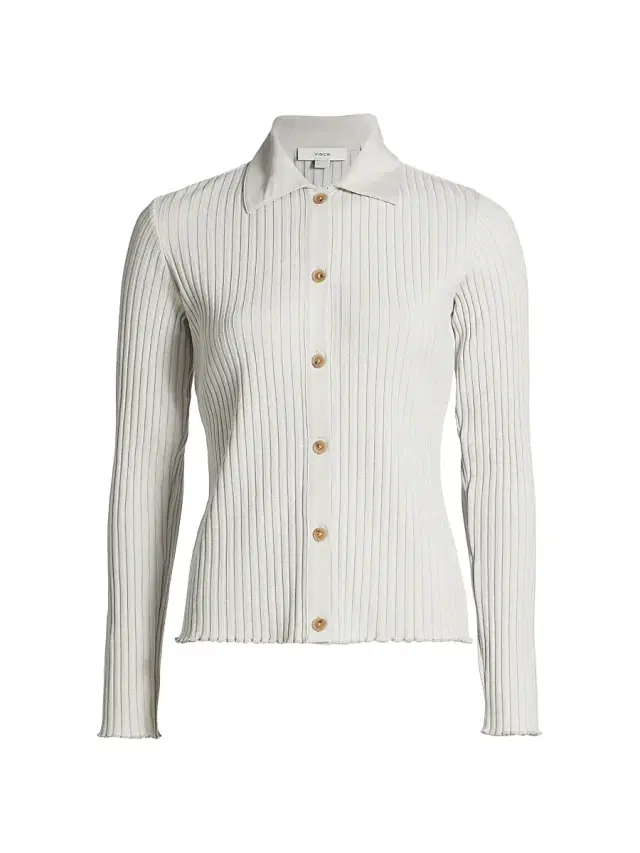 Vince Women's Cotton-Blend Rib-Knit Polo Shirt - Salt Glass