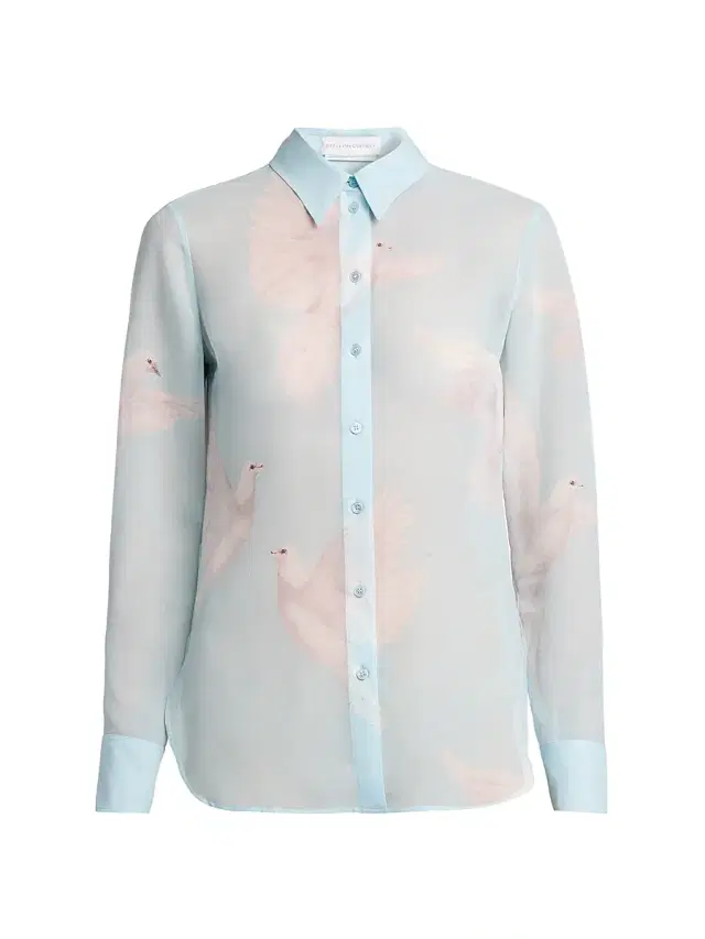 Women's Birds Silk Georgette Slim-Fit Shirt - Light Blue