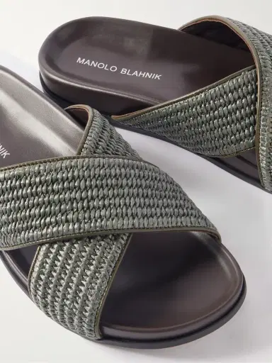 Manolo Blahnik Chiltern Leather-Trimmed Raffia Sandals - Men | Thumbnail 5