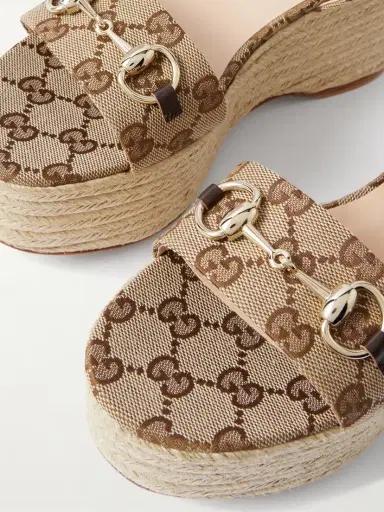 Gucci Lady Horsebit Leather-trimmed Logo-jacquard Canvas Wedge Sandals | Thumbnail 4 Gucci Lady Horsebit Leather-trimmed Logo-jacquard Canvas Wedge Sandals | Thumbnail 4