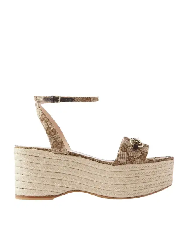 Lady Horsebit Leather-trimmed Logo-jacquard Canvas Wedge Sandals