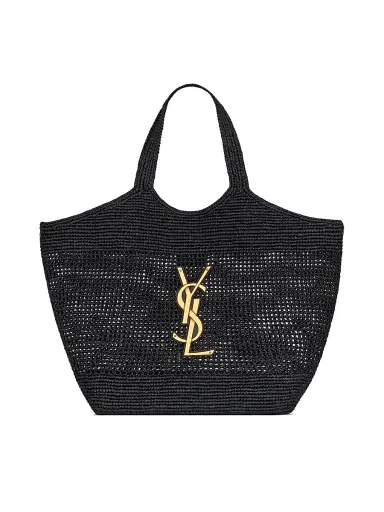 Saint Laurent Women's Icare Tote Bag in Raffia - Black | Thumbnail 1