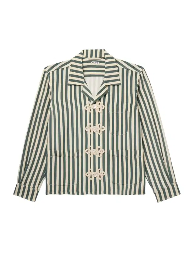 Trillium Camp-Collar Appliquéd Striped Silk Shirt - Men