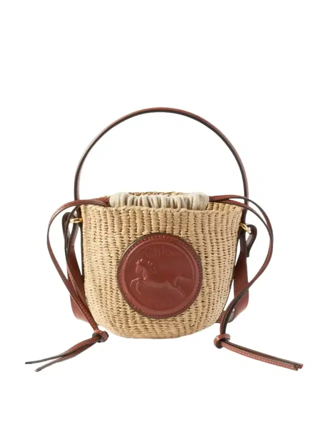Embossed Leather-trimmed Raffia-like Bucket Bag