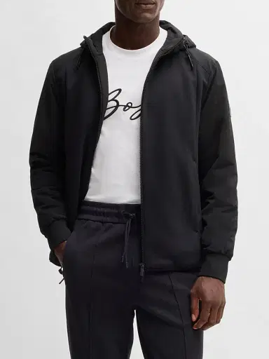 BOSS Men's Hooded Regular-Fit Jacket in Mixed Materials - Black | Thumbnail 2 BOSS Men's Hooded Regular-Fit Jacket in Mixed Materials - Black | Thumbnail 2