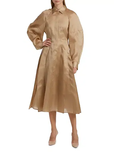 anOnlyChild Women's Just A Pinch Porta Silk-Satin Shirtdress - Khaki - Size Large | Thumbnail 3