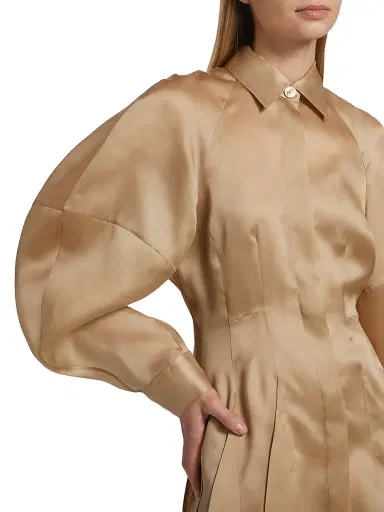 anOnlyChild Women's Just A Pinch Porta Silk-Satin Shirtdress - Khaki - Size Large | Thumbnail 6