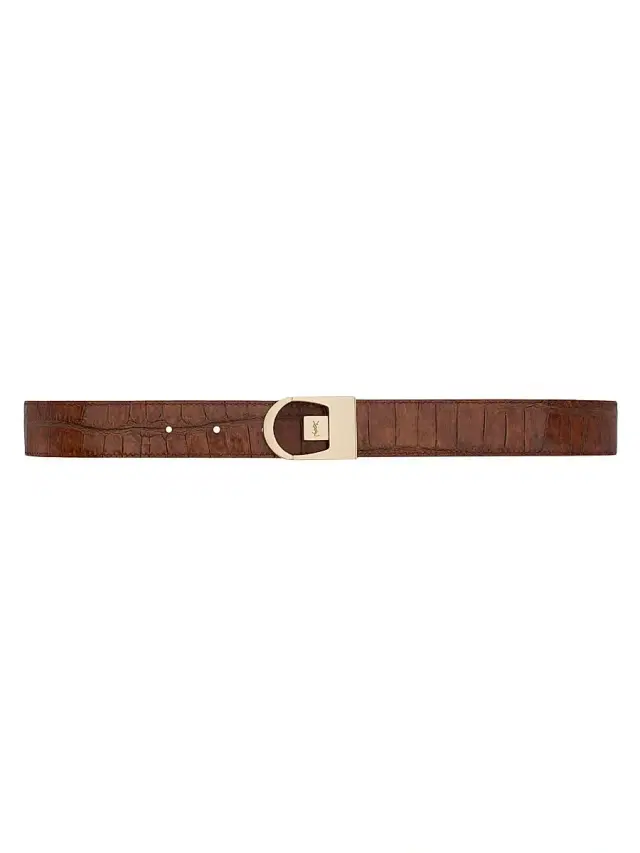 Women's Reversible Belt in Crocodile-Embossed Leather - Dark Brown