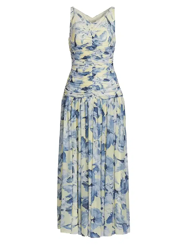 NICHOLAS Women's Melia Floral Ruched Midi-Dress - Luna Sky Wildflower