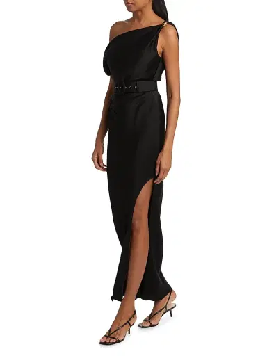 NICHOLAS Women's Halle Belted Asymmetric Gown - Black | Thumbnail 2