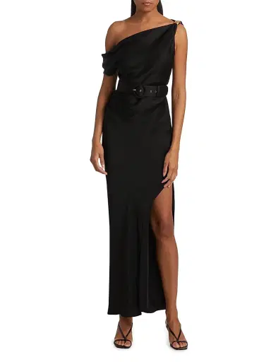 NICHOLAS Women's Halle Belted Asymmetric Gown - Black | Thumbnail 3