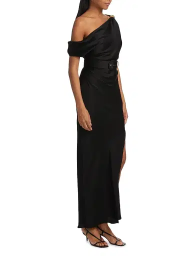 NICHOLAS Women's Halle Belted Asymmetric Gown - Black | Thumbnail 4