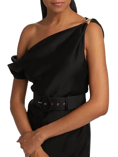 NICHOLAS Women's Halle Belted Asymmetric Gown - Black | Thumbnail 6