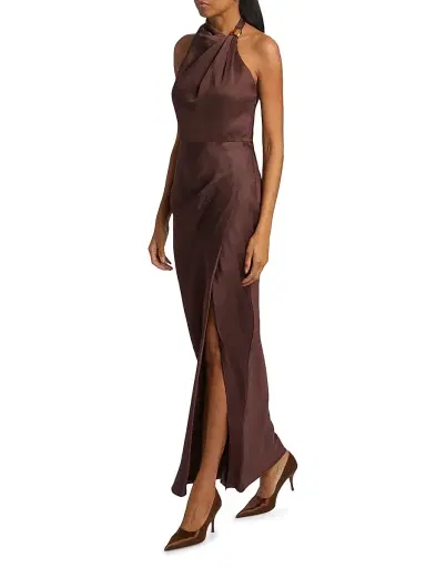 NICHOLAS Women's Galilea Embellished Draped Halter Gown - Chocolate | Thumbnail 2
