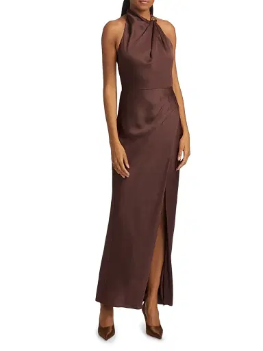 NICHOLAS Women's Galilea Embellished Draped Halter Gown - Chocolate | Thumbnail 3