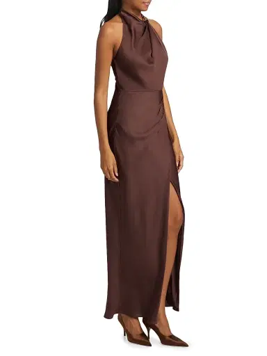 NICHOLAS Women's Galilea Embellished Draped Halter Gown - Chocolate | Thumbnail 4