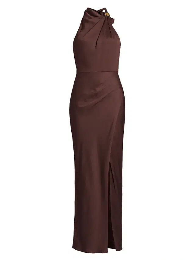 NICHOLAS Women's Galilea Embellished Draped Halter Gown - Chocolate