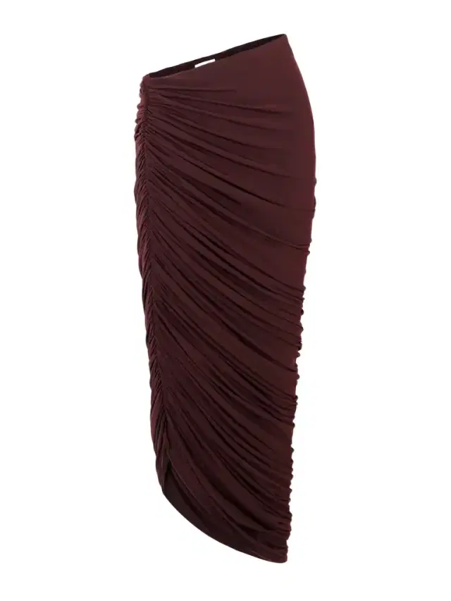 Asymmetric Ruched Jersey Midi Skirt