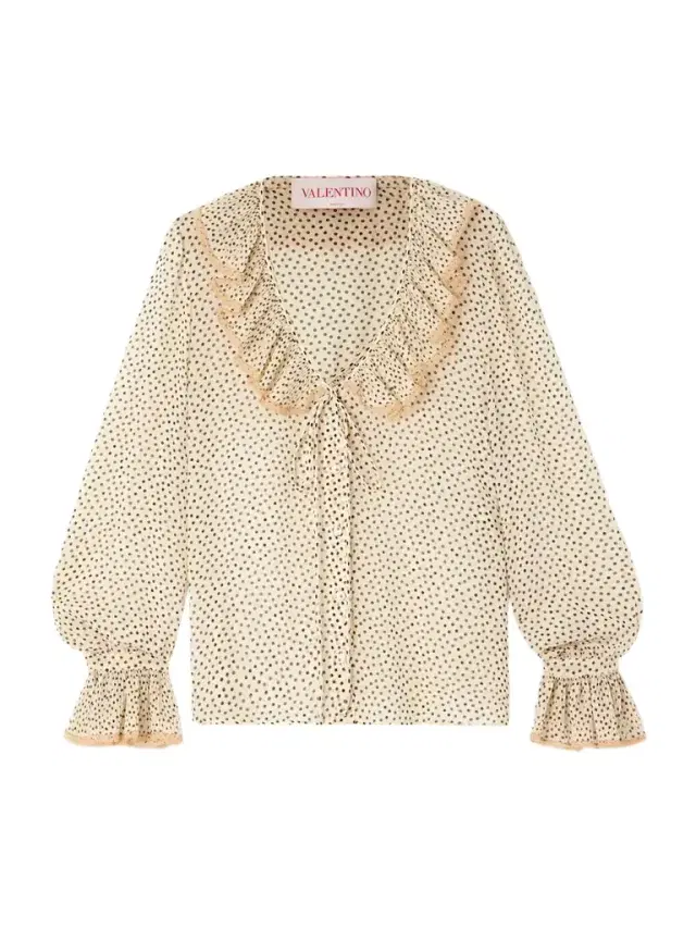 Lace-trimmed Ruffled Polka-dot Silk-chiffon Blouse