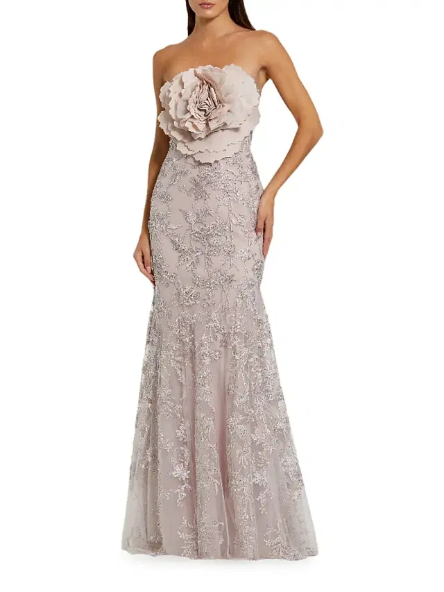 Women's Prom Floral Embellished Strapless Gown - Mocha