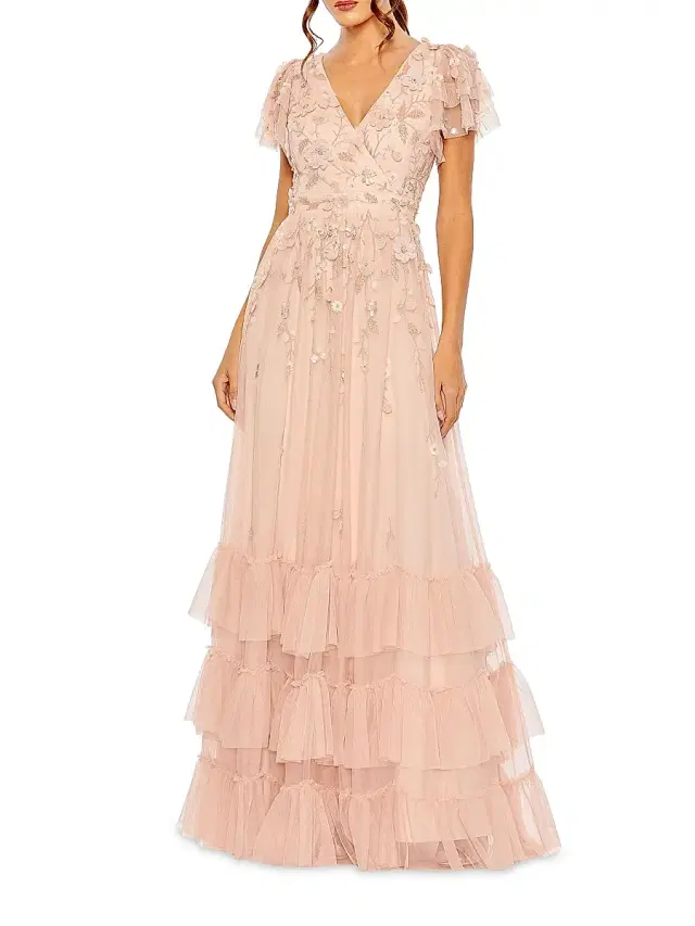 Women's Ruffle-Tiered Embellished Wrap Gown - Blush