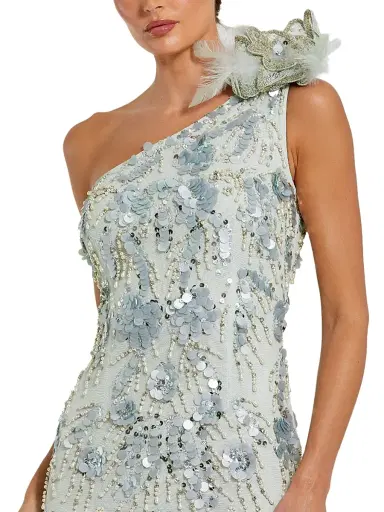 Mac Duggal Women's Evening Embellished Mesh One-Shoulder Trumpet Gown - Sage - Size 10 | Thumbnail 3