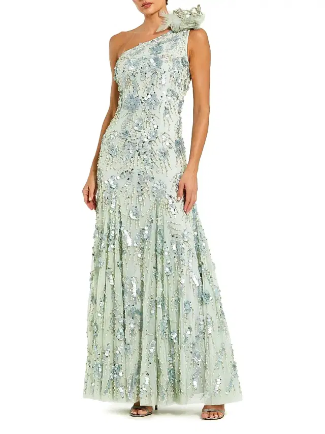 Women's Evening Embellished Mesh One-Shoulder Trumpet Gown - Sage