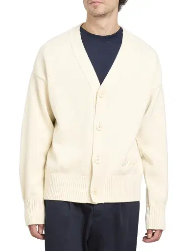 AMI Paris Men's Embroidered Logo Cotton Knit Cardigan - White Cream | Thumbnail 3