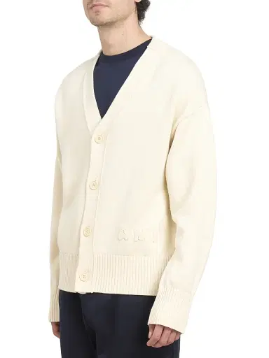 AMI Paris Men's Embroidered Logo Cotton Knit Cardigan - White Cream | Thumbnail 4