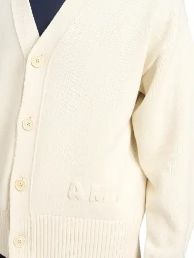 AMI Paris Men's Embroidered Logo Cotton Knit Cardigan - White Cream | Thumbnail 6