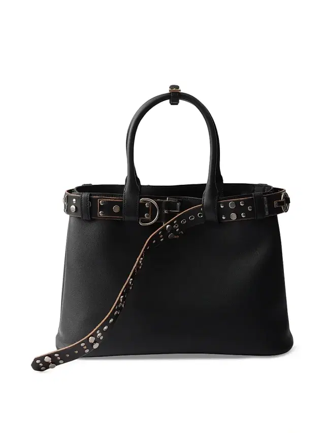 Women's  Buckle Leather Bag with Studded Belt - Brown