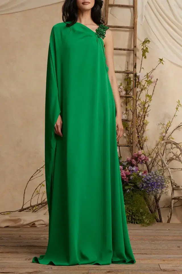 PAMELLA ROLAND One Shoulder Embellished Caftan