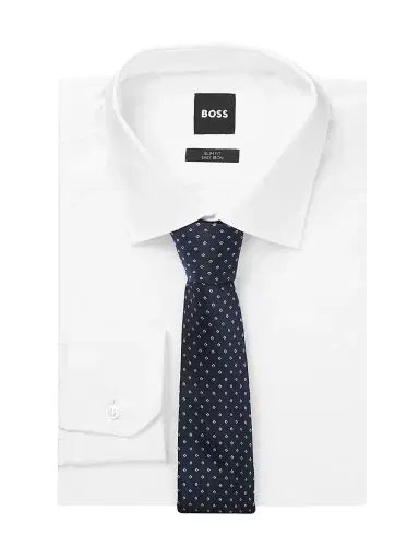 BOSS Men's Silk Blend Tie with Jacquard Woven Pattern - Dark Blue | Thumbnail 2