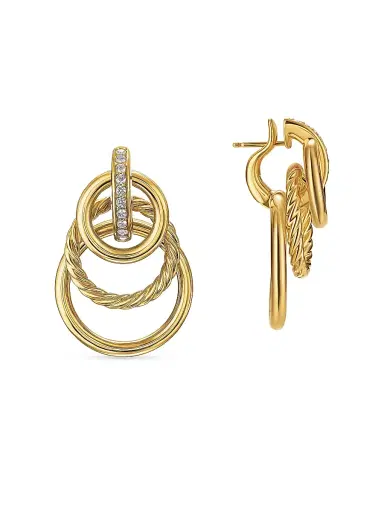 David Yurman Women's DY Mercer Triple Ring Drop Earrings in 18K Yellow Gold with Diamonds, 35.6MM - Gold | Thumbnail 3 David Yurman Women's DY Mercer Triple Ring Drop Earrings in 18K Yellow Gold with Diamonds, 35.6MM - Gold | Thumbnail 3
