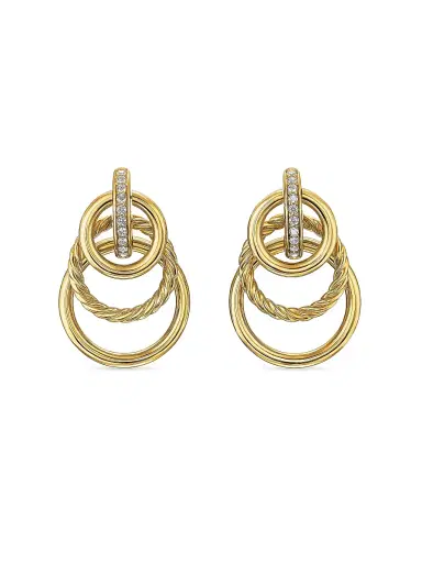 David Yurman Women's DY Mercer Triple Ring Drop Earrings in 18K Yellow Gold with Diamonds, 35.6MM - Gold | Thumbnail 1 David Yurman Women's DY Mercer Triple Ring Drop Earrings in 18K Yellow Gold with Diamonds, 35.6MM - Gold | Thumbnail 1