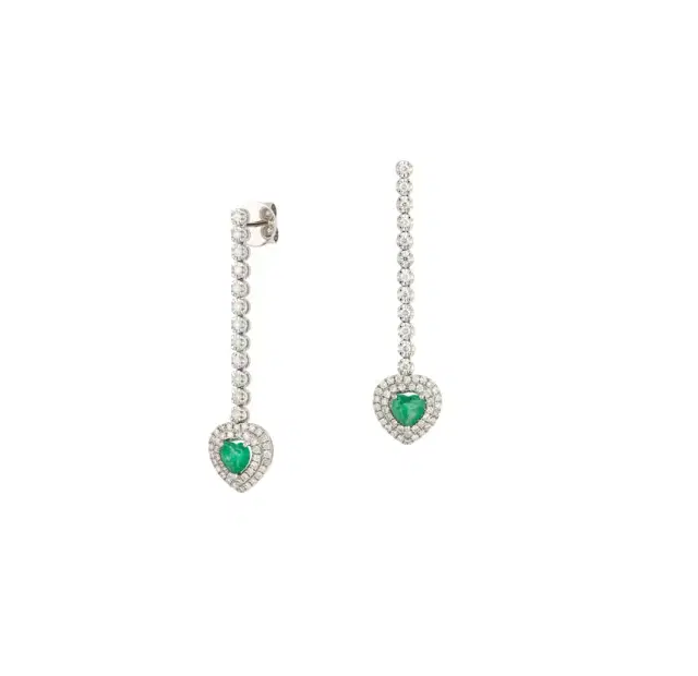 Wish Fine Jewelry 1.85ct Diamdond Dangle Heart Emerald 18K Gold Earringa