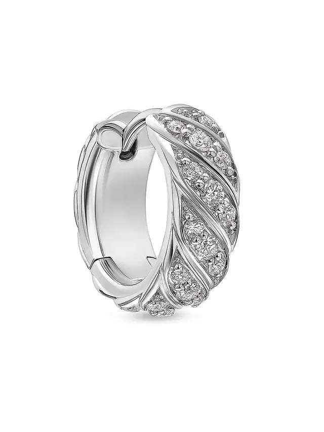 Men's Sculpted Cable Hoop Earring in 18K White Gold with Diamonds, 12.8MM - Silver