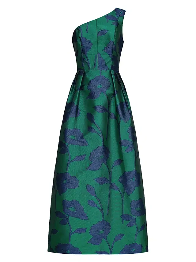 Kay Unger Women's Tiara Floral Jacqaurd One-Shoulder Gown - Navy Emerald