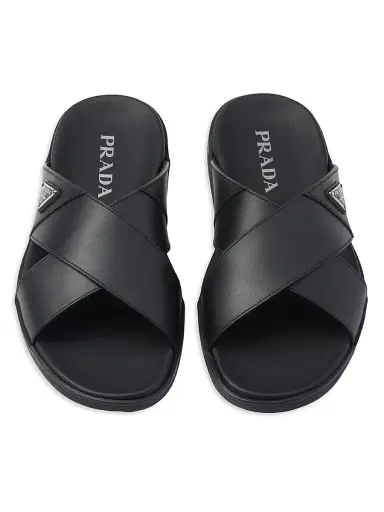Prada Men's Leather Crisscross Slides - Black - Size 5 | Thumbnail 3