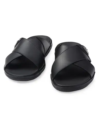Prada Men's Leather Crisscross Slides - Black - Size 5 | Thumbnail 5