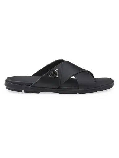 Prada Men's Leather Crisscross Slides - Black - Size 5 | Thumbnail 1