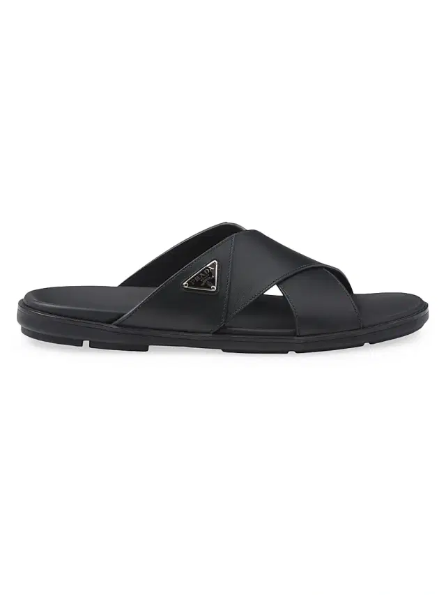 Prada Men's Leather Crisscross Slides - Black