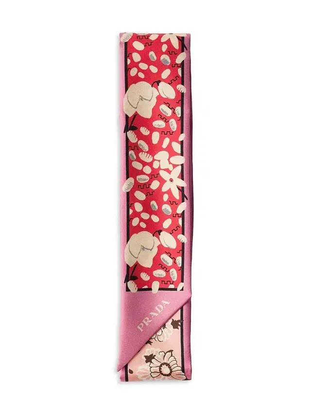 Women's Skinny Printed Silk Twill Rectangular Scarf - Pink