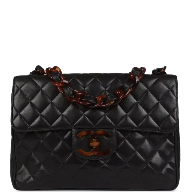 Chanel Vintage Chanel Jumbo Single Flap Bag Black Lambskin Tortoiseshell Bakelite Hardware