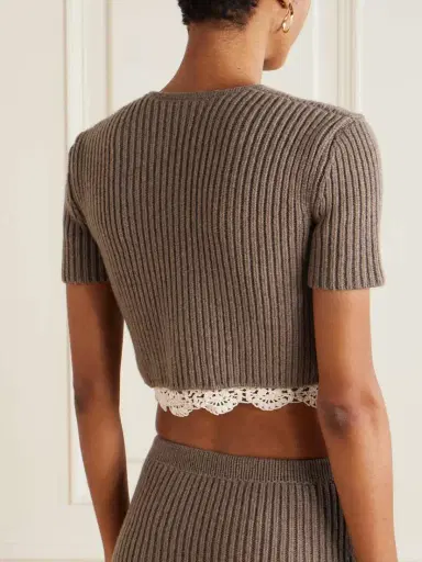 Magda Butrym Cropped Cotton Crochet-trimmed Ribbed Cashmere Cardigan | Thumbnail 3 Magda Butrym Cropped Cotton Crochet-trimmed Ribbed Cashmere Cardigan | Thumbnail 3